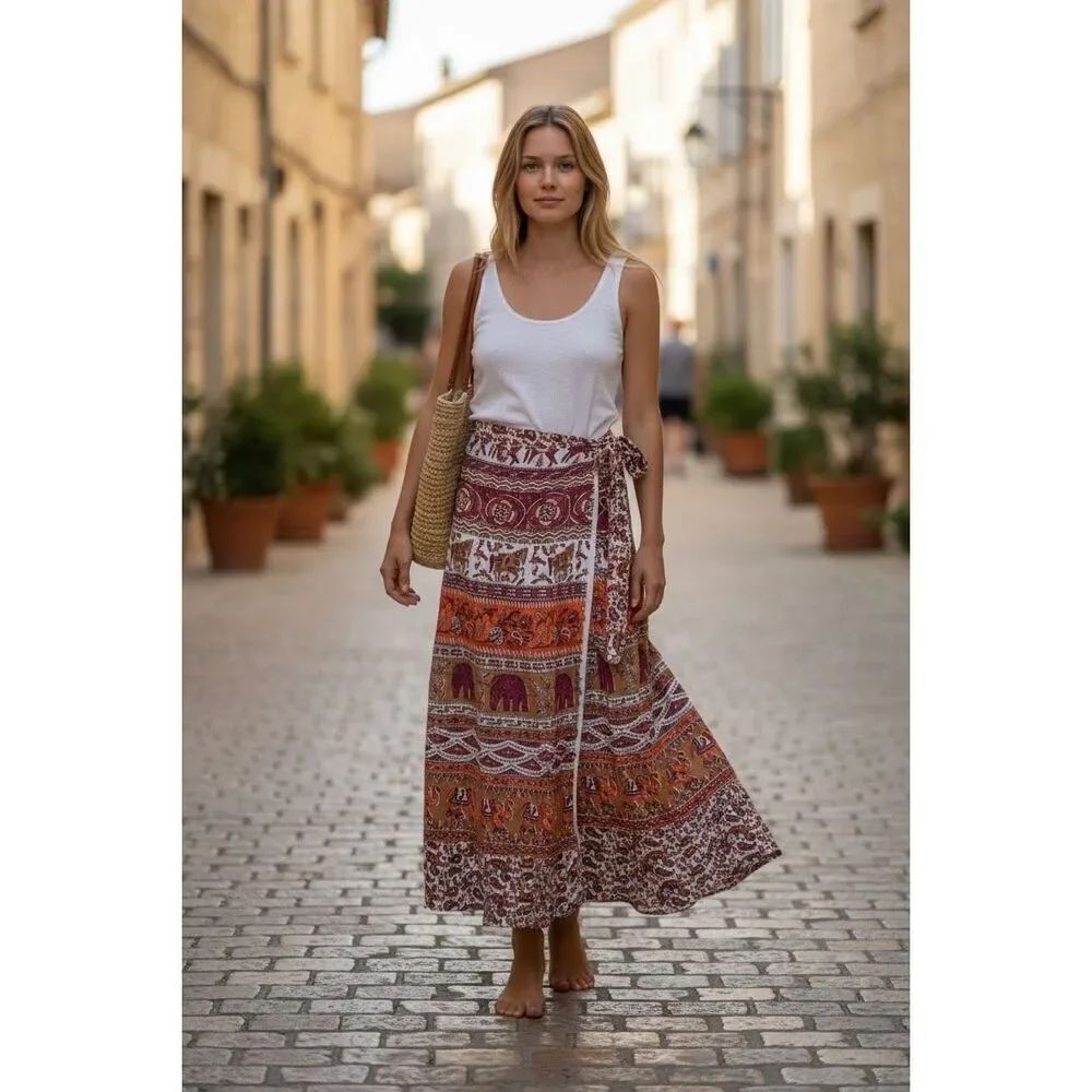 Tribal Indian Elephant Print Midi Wrap Tie Skirt Sarong